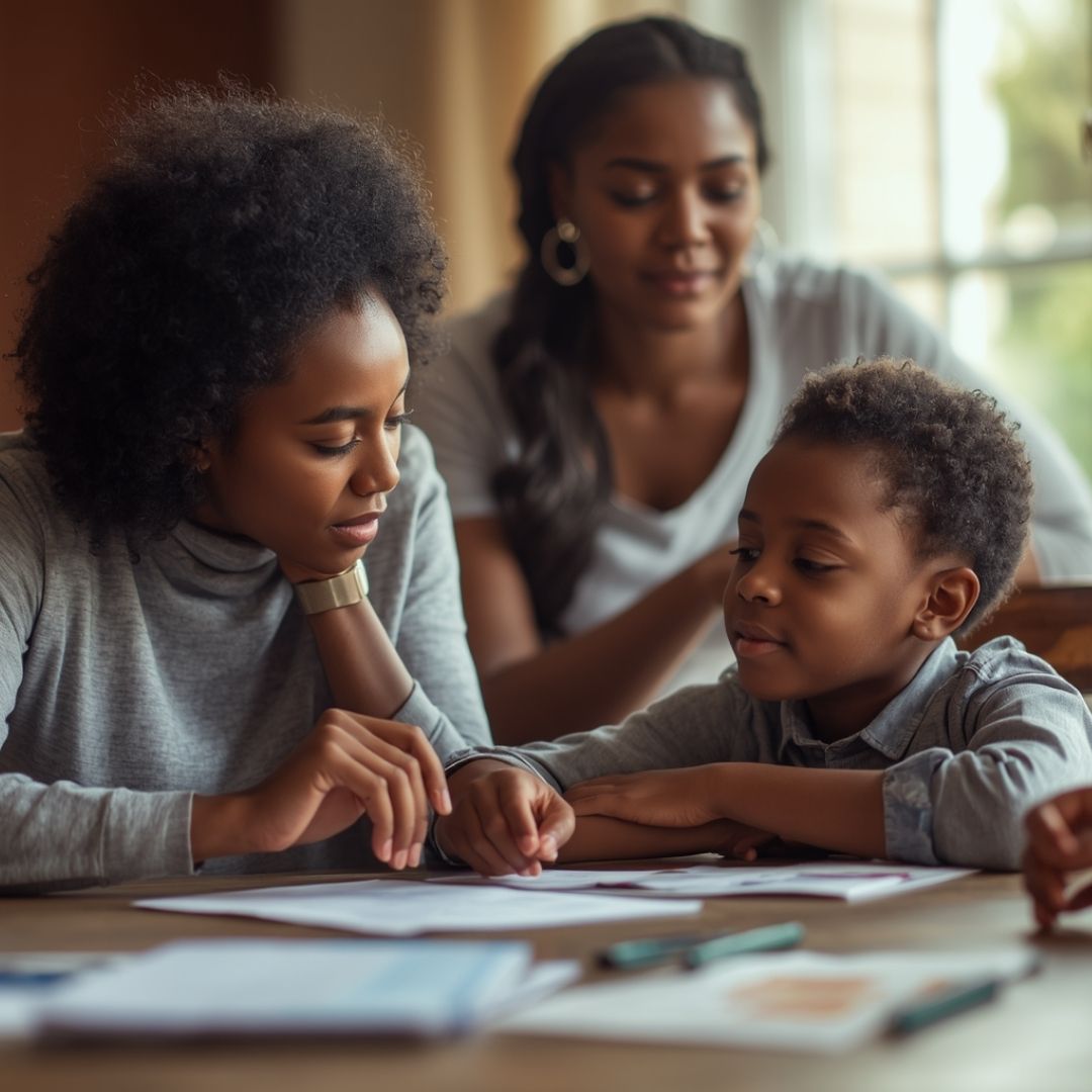 Busy parent in background with teacher engaging child in foreground